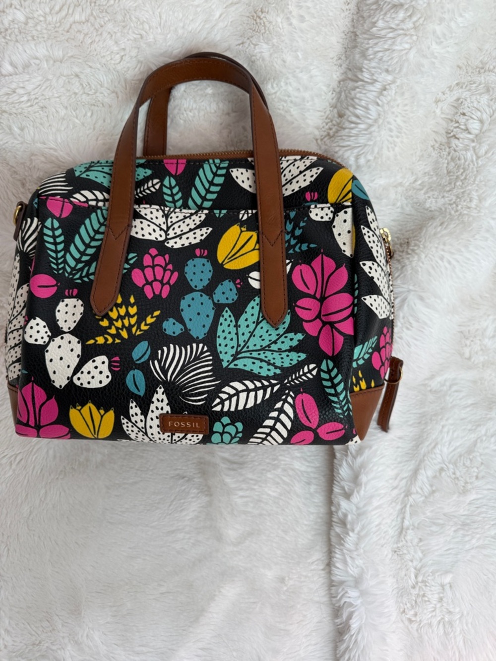 Fossil Black Floral Satchel with Pink, Teal & Yellow Accents
